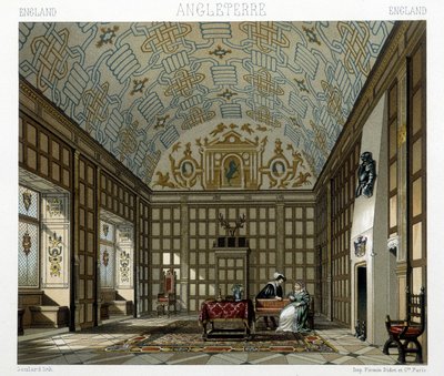 تصميم داخلي لمنزل فخم في إنجلترا في القرن السابع عشر. رسم توضيحي في "" Le costume historyique "" لـ Racinet بواسطة ألبرت تشارلز أوغست راسينت