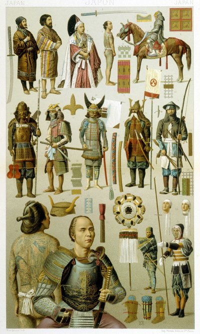 أزياء المحارب الياباني (السامورا أو الياكوزا أو الياكوزا). لوحة Chromolithographic - في "" Le costume historyique "" لـ Racinet بواسطة ألبرت تشارلز أوغست راسينت