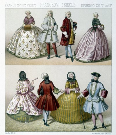 رجال ونساء يرتدون أزياء القرن الثامن عشر العصرية في فرنسا. رسم توضيحي في "" Le costume historyique "" لـ Racinet بواسطة ألبرت تشارلز أوغست راسينت
