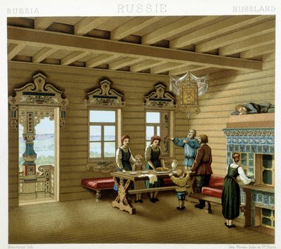 عائلة روسية في مسكن نموذجي في روسيا في القرن التاسع عشر. لوحة Chromolithographic - في "" Le costume historyique "" لـ Racinet بواسطة ألبرت تشارلز أوغست راسينت