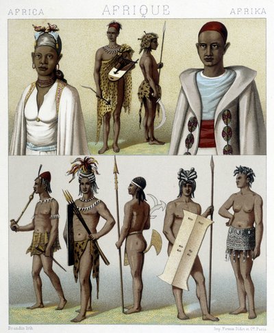 الأزياء والمجوهرات التقليدية من تمبكتو وأعالي النيل. رسم توضيحي في "" Le costume historyique "" لـ Racinet بواسطة ألبرت تشارلز أوغست راسينت