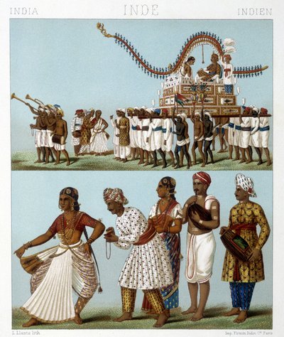 النقل والموسيقى والرقص والأزياء التقليدية في الهند. رسم توضيحي في "" Le costume historyique "" لـ Racinet بواسطة ألبرت تشارلز أوغست راسينت