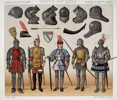 المحاربون في القرنين الخامس عشر والسابع عشر - في "" Le costume historyique "بقلم Racinet بواسطة ألبرت تشارلز أوغست راسينت