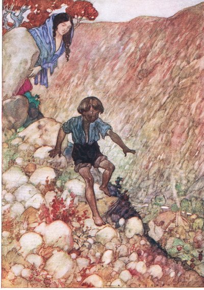 سقط مثل الرجل الصغير الشجاع كما كان ، من حانة The Water Babies ، بقلم همفري ميلفورد ، مطبعة جامعة أكسفورد ، حوالي عام 1930 (لون ليثو) بواسطة ألبرت إدوارد جاكسون