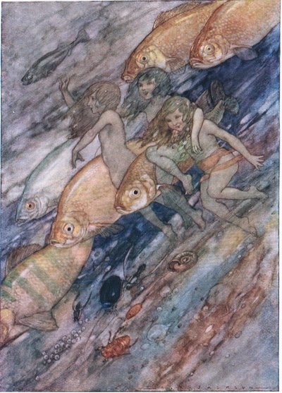 نزولاً إلى البحر، نزولاً إلى البحر، من حانة The Water Babies. بقلم همفري ميلفورد، مطبعة جامعة أكسفورد، ج.1930 (ليثو ملون) بواسطة ألبرت إدوارد جاكسون