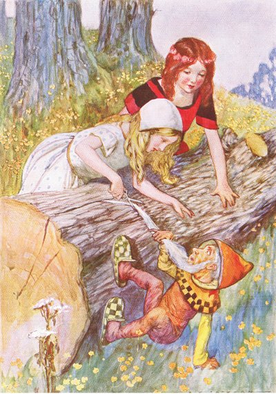 قطعت بعناية شديدة اللحية البيضاء الناعمة (من قصة Snow White و Rose-Red) ، رسم توضيحي من A Staircase of Stories نشره Thomas Nelson & Sons Ltd في الأربعينيات (لون ليثو) بواسطة ألبرت إدوارد جاكسون