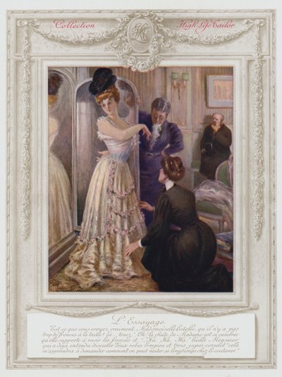 Belle Epoque Paris ، سيدة عصرية ، تحاول ارتداء فستان (لون ليثو) بواسطة ألبرت غيوم