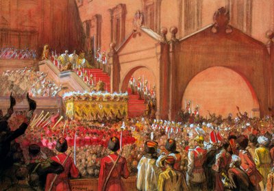 الإمبراطور نيكولاس الثاني على الشرفة الحمراء بعد تتويجه عام 1896. بواسطة ألبرت جوستاف أريستيدس إديلفيلت