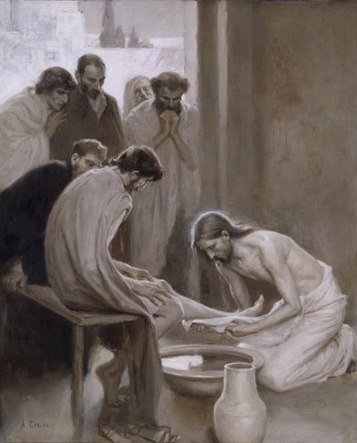 يسوع يغسل أقدام تلاميذه ، ١٨٩٨ (زيت وجريسيل على ورق) بواسطة ألبرت جوستاف أريستيدس إديلفيلت