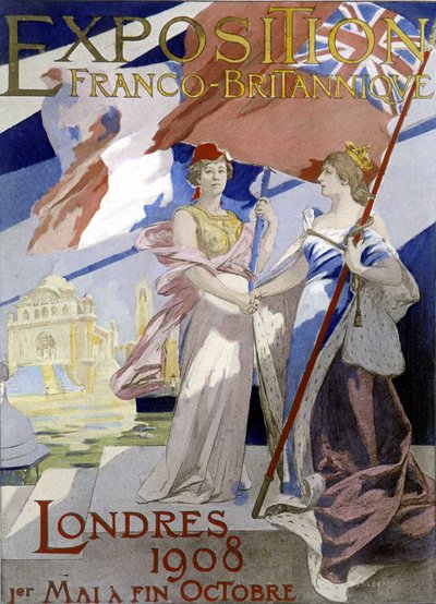 امرأتان ، رمز فرنسا وإنجلترا ، تتصافحان. ملصق ألبرت مينيان (1908) للمعرض الفرنسي البريطاني عام 1908 في لندن. بواسطة ألبرت بيير رينيه مينيان