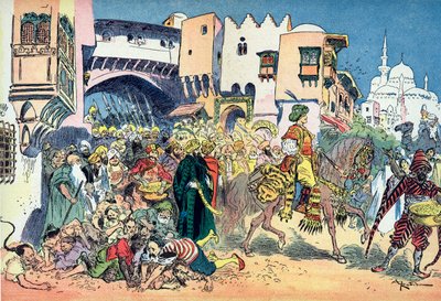 علاء الدين يركب في شوارع المدينة ويرمي المال عليه رسم توضيحي لألبرت روبيدا (1848-1926) لقصة "علاء الدين والمصباح الرائع" في "" les mille et une nuits "(رسم توضيحي لحكاية" "علاء الدين" "في كتاب ثو الواحد بواسطة ألبرت روبيدا