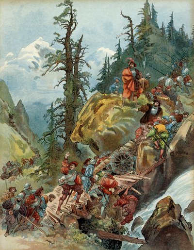 الحرب الإيطالية الخامسة (1515-1516): مرور جيش فرانسوا الأول (1494-1547) بجبال الألب في أغسطس 1515 ، عن طريق ممر لارش ، في طريقه إلى إيطاليا. توضيح بواسطة ألبرت روبيدا