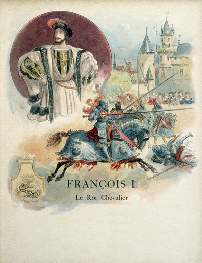 Francois I (1494-1547), portrait of the King of France and tournament scene. Illustration by Albert Robida (1848 - 1926) بواسطة ألبرت روبيدا