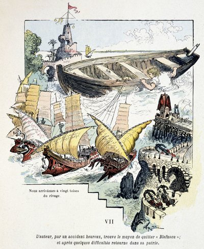 جاليفر وقاربه العملاق في ميناء Lilliputians - في "" Voyages de Gulliver "" لجوناثان سويفت (1721). بواسطة Robida بواسطة ألبرت روبيدا