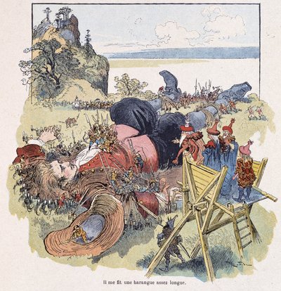 Gulliver tied up by the Lilliputians - in “” Gulliver Voyages”” by Swift, ill. by Robida بواسطة ألبرت روبيدا