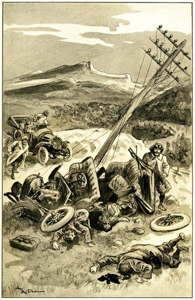 رسم توضيحي لألبرت روبيدا (1848-1926) لكتاب ليون بيرتولت quot;quot;Le Record du Tour du mondequot;quot;، طبعة مامي بداية القرن العشرين (1911) - حادث مروري حوالي عام 1900: اصطدام سيارة بعمود خط تلغراف. إخراج الركاب بجروح - بواسطة ألبرت روبيدا