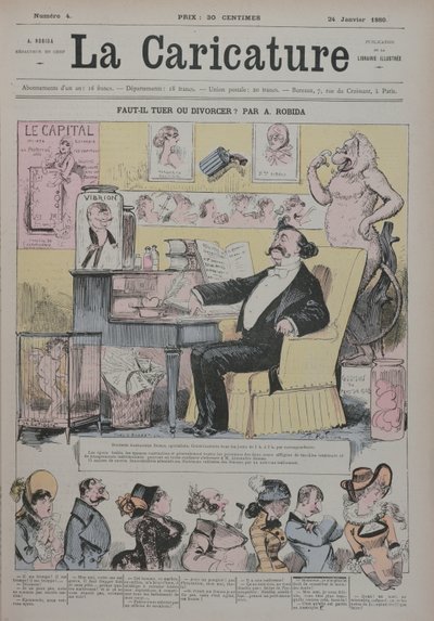 جريمة قتل أو طلاق ، غلاف "كاريكاتير" يصور الكسندر دوماس فلس (1824-1895) كـ "خبير" في الدراما الزوجية ، 1 يناير 1880 بواسطة ألبرت روبيدا