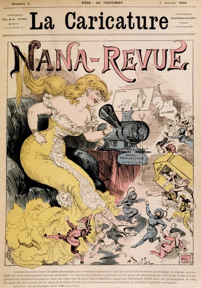 نانا ريفيو: كارتون عن زولا وعملها "نانا" لروبيدا - في "La Caricature" "" من 03/01/1880 بواسطة ألبرت روبيدا