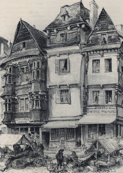 Place du marche in Lannion - La Vieille France - La Bretagne - النص والرسومات والطباعة الحجرية ، بواسطة ألبرت روبيدا (1848-1926) غير مؤرخ نهاية القرن التاسع عشر بواسطة ألبرت روبيدا
