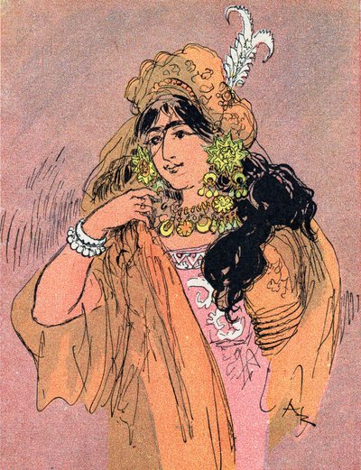 صورة للأميرة برادلبودور (صورة للأميرة بدر البدور) رسم لألبرت روبيدا (1848-1926) لحكاية "علاء الدين والمصباح الرائع" في "" les mille et une nuits "(رسم توضيحي لحكاية" علاء الدين "في "" كتاب ثو واحد بواسطة ألبرت روبيدا