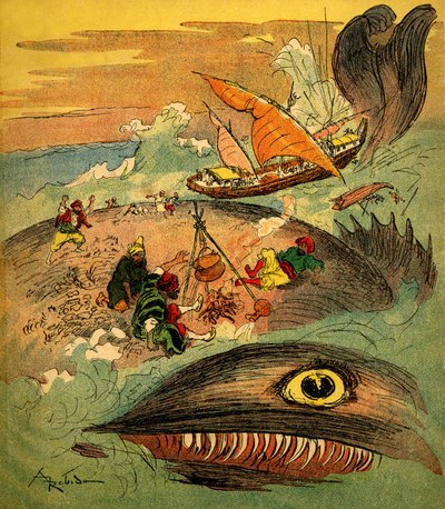 السندباد البحار (سندباد) - قصة ألف ليلة وليلة (1001) - كتاب 1948 يحكي مغامراته (طبعة فورتين، مجموعة التصوير الرائع للطفولة) - رسم لألبرت روبيدا (1848 - 1926): السندباد ورفاقه قد فشل بواسطة ألبرت روبيدا