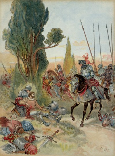 الحرب الإيطالية السادسة (1521-1526): وفاة بيير تيرايل دي بايارد (1476-1524) ، الذي أصيب بضربة أركويبوس في ريبيك (إيطاليا) ، في عام 1524 ، واجهه تشارلز دي مونبنسير ، المتصل من بوربون (1490-1527) . توضيح بواسطة ألبرت روبيدا