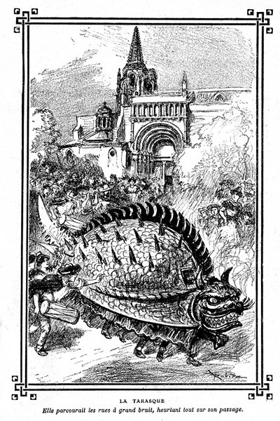 Tarascon#39;s Tarasque، الوحش الرائع للفولكلور في بروفانس: رسم توضيحي لألبرت روبيدا للكتاب المدرسي quot;اختيار القراءاتquot; بقلم ميرونو، مكتبة أرماند كولين 1911 - بواسطة ألبرت روبيدا