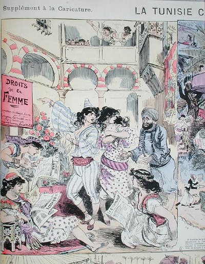 "حقوق المرأة" في تونس ، كارتون من Le Caricature 1883 (ليثو ملون) بواسطة ألبرت روبيدا