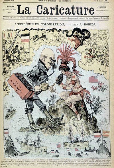 وباء الاستعمار: رسم مناهض للاستعمار بواسطة روبيدا - في "La Caricature" في 31/10/1885 بواسطة ألبرت روبيدا