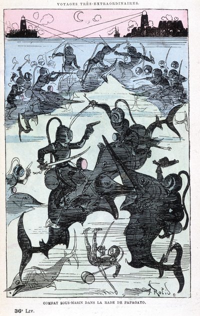 قتال تحت الماء في خليج باباجايو (صيادون يركبون الأسماك) ، محاكاة ساخرة لـ Jules Verne ، "" رحلات غير عادية للغاية لـ Saturnin Farandoul في 5 أو 6 أجزاء من العالم وفي جميع البلدان المعروفة أو غير المعروفة للسيد Jules Verne "بواسطة Robida ، با بواسطة ألبرت روبيدا