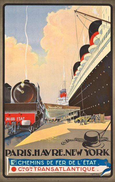 ملصق إعلاني عن سفر شركة الشحن البحري Compagnie Generale Transatlantique، حوالي عام 1930 (طباعة حجرية ملونة) بواسطة ألبرت سيبيل