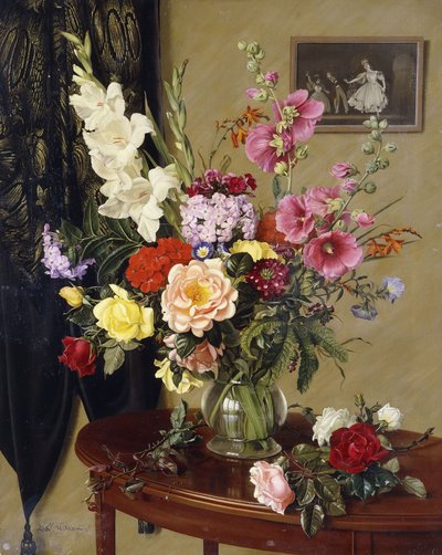 لا تزال الحياة مع Gladioli و Roses و Hollyhocks قبل ستارة مطرزة بواسطة ألبرت ويليامز