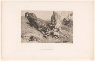 كلبان من الكلاب الألمانية يمزقان أرنبًا La Curée d'un lapin (العنوان على الكائن) بواسطة كادارت وإف شوفالييه