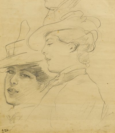 رأس امرأة ترتدي قبعة مزخرفة وملف تعريف ومنظر ثلاثي ، c.1900 (قلم رصاص على ورق بني فاتح) بواسطة ألبرت دي بيلروش