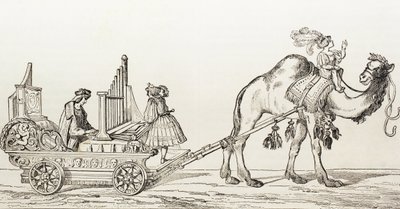 عازف الأرغن بول هوفانر يلعب في عربة رسمها جمل ، حوالي 1880 (نقش) بواسطة ألبريشت (بعد) Durer أو Duerer