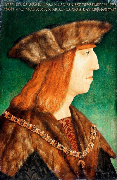 "" صورة للإمبراطور ماكسيميليان الأول ملك هابسبورغ (1459-1519) ، الإمبراطور الروماني المقدس "" لوحة من ورشة ألبريشت دورر (1471-1528) ، بعد 1504 - زيت على خشب ، 54.6 × 36.1 - ستاتليش موسين ، برلين بواسطة ألبريشت (من أتباع) Durer أو Duerer