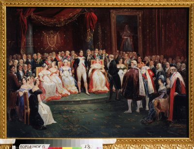 "" حفل استقبال الإمبراطور نابليون بونابرت (1769-1821) ": كان جورج كوفييه (1769-1832) ، الذي كان يقف أمام نابليون ، قد حصل على وسام جوقة الشرف في 26 نوفمبر 1803. الغرفة ، يمكننا أن نلاحظ: Madame de Stael بواسطة ألبريشت آدم
