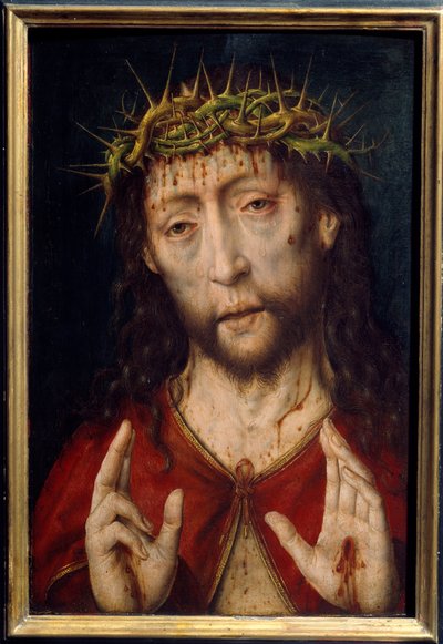 مسيح الألم. وجه المسيح في الدم جروح من تاج الأشواك ووصمات في راحتي اليدين. اللوحة بواسطة ألبريشت بوتس (v.1455-1549) Ec. هول. بواسطة نوبات ألبريشت