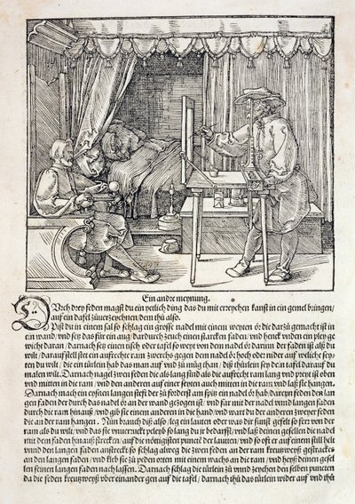 فنان يستخدم آلة الرسم من Durer لرسم شكل ، من "دورة في فن الرسم" بواسطة ألبريشت دورر ، نشر نورمبرغ 1525 (انظر أيضًا 310983) بواسطة ألبريشت دورر