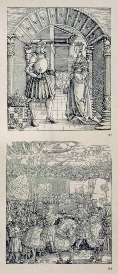قوس النصر للإمبراطور ماكسيميليان الأول من ألمانيا (1459-1519): تفاصيل توضح لوحتين موضوعتين فوق البوابة اليسرى تصور (أعلى) ماكسيميليان الأول وزوجته الأولى ماري بورجندي (1457-82 بواسطة ألبريشت دورر