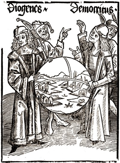 Diogenes (-413 - -327) و Democritus (-460 - -370) - في "" Das Narrenschif (قارب الحمقى) "لسيباستيان براندت (1458 - 1521). نقش. بواسطة ألبريشت دورر