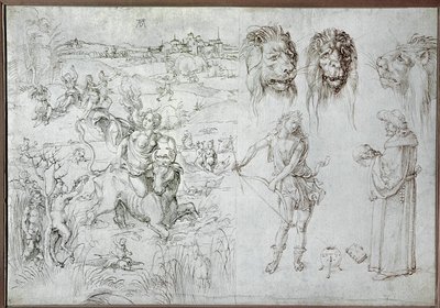 اغتصاب يوروبا، ورؤوس الأسود، والرامي، والحكيم، والجمجمة (رسم) بواسطة ألبريشت دورر أو ديرير