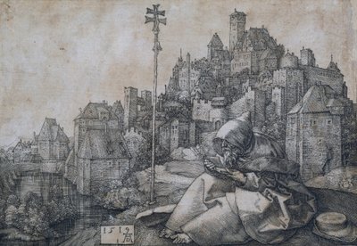 القديس أنتوني جالسًا أمام مدينة - نقش على النحاس بواسطة ألبريشت دورر (1471-1528) بواسطة ألبريشت دورر