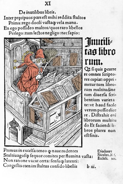 Savant له مكتبه. إنه يرتدي زوج من النظارات. Xylography of Durer في "" das narrenschiff "" لسيباستيانو براندت. بواسطة ألبريشت دورر
