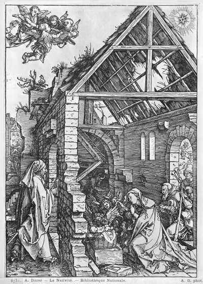الميلاد ، من سلسلة "حياة العذراء" ، حوالي 1503 (نقش خشبي) (صورة بالأبيض والأسود) بواسطة ألبريشت دورر