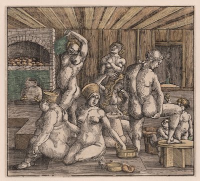 حمام النساء ، لدويرر ، ألبريشت (1471-1528). نقش خشبي ، ألوان مائية ، ج. 1500. الأبعاد: 21.8x23.9 سم. مجموعة خاصة بواسطة ألبريشت دورر