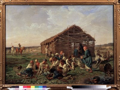 استرح في Hay Harvest. بينما في الخلفية تشكل بعض أحجار الرحى قبل الانضمام إلى مجموعة جالسة في المقدمة ، وبعضهم يشرب أو يأكل ، وامرأة ترضع طفلها ، وأخرى بواسطة ألكسندر إيفانوفيتش موروزوف