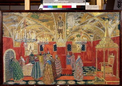 في الكرملين. رسم تحضيري لأوبرا بوريس غودونوف بواسطة موديست موسورجسكي (1839-1881) (في الكرملين. تم وضع تصميم لأوبرا بوريس غودونوف بواسطة إم موسورجسكي). عمل الكسندر ياكوفليفيتش جولوفين (الكسندر جولوفين) (1863-1930) ، ألوان مائية و بواسطة ألكسندر ياكوفليفيتش جولوفين