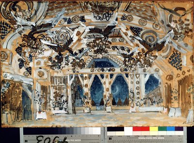 Decor pour la piece de theatre La Dame de la Mer de Henrik (Henri) Johan Ibsen (1828-1906) (تصميم مسرحي لمسرحية The Lady from the Sea للمخرج H. Ibsen). Oeuvre de Alexander Yakovlevich Golovin (Alexandre Golovine) (1863-1930) ، كرتون باستيل سور بواسطة ألكسندر ياكوفليفيتش جولوفين