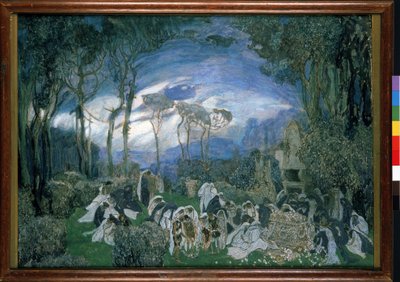 ديكور تحضيري لأوبرا Orphee et Eurydice لكريستوف ويليبالد غلوك (1714-1787) (تصميم مسرحي لأوبرا أورفيو ويوريديس من تأليف تش. غلوك). عمل الكسندر ياكوفليفيتش جولوفين (الكسندر جولوفين) (1863-1930) ، الغواش والباستيل على قماش بواسطة ألكسندر ياكوفليفيتش جولوفين